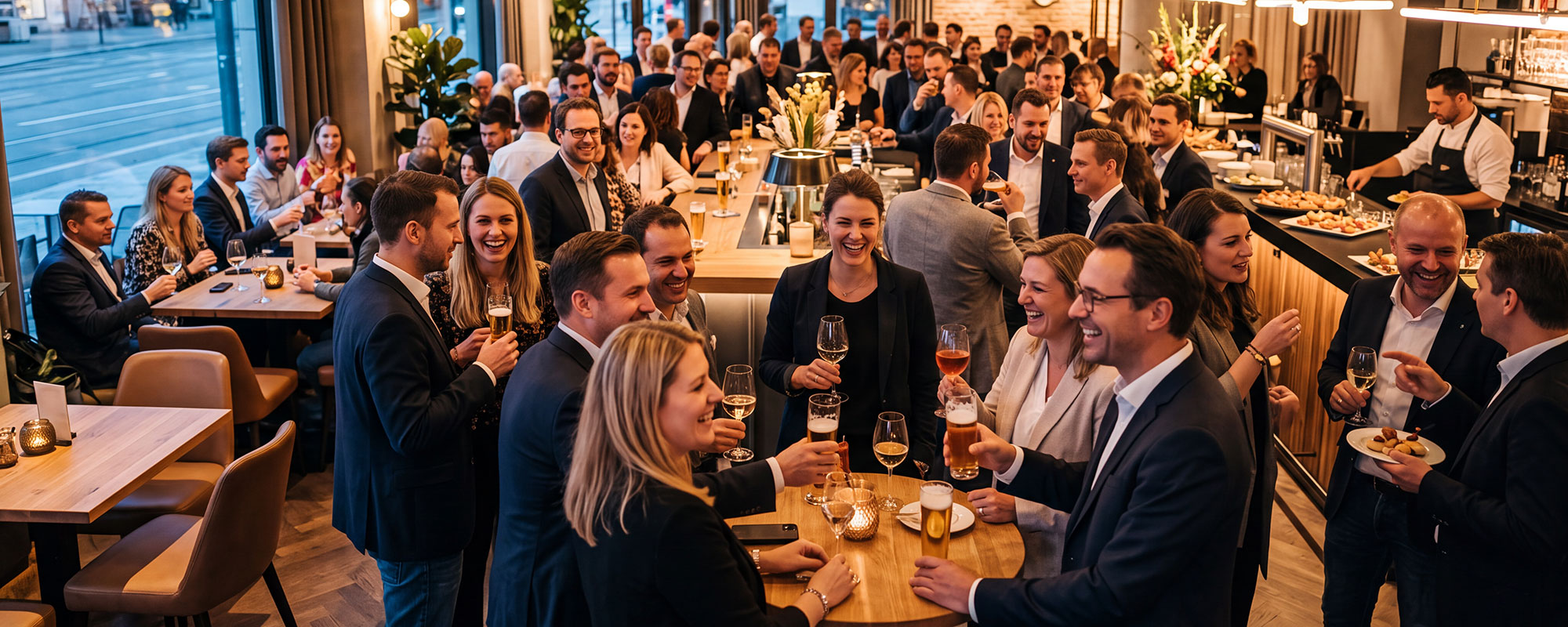 Firmenevent mit vielen Mitarbeitern in einem Restaurant