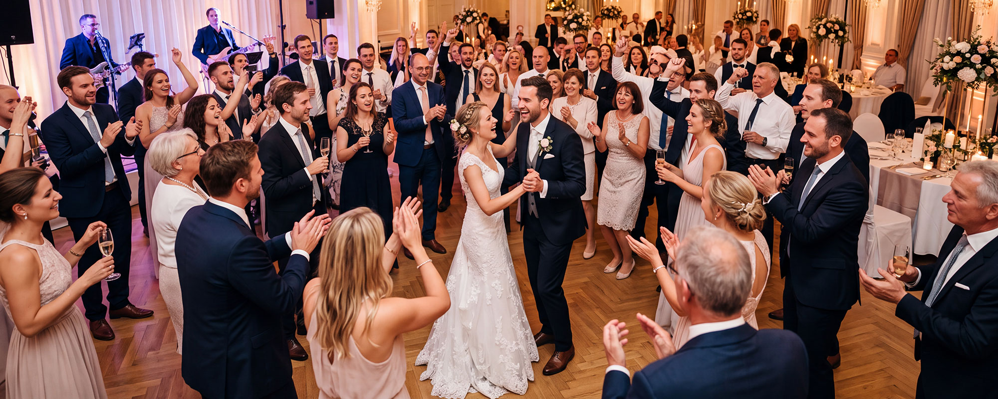 Hochzeit im Ballsaal mit feiernder Gesellschaft